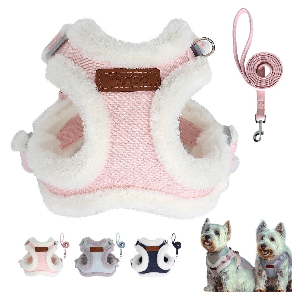 Warm Plush Dog Harness with Leash – Soft, Cozy & Adjustable